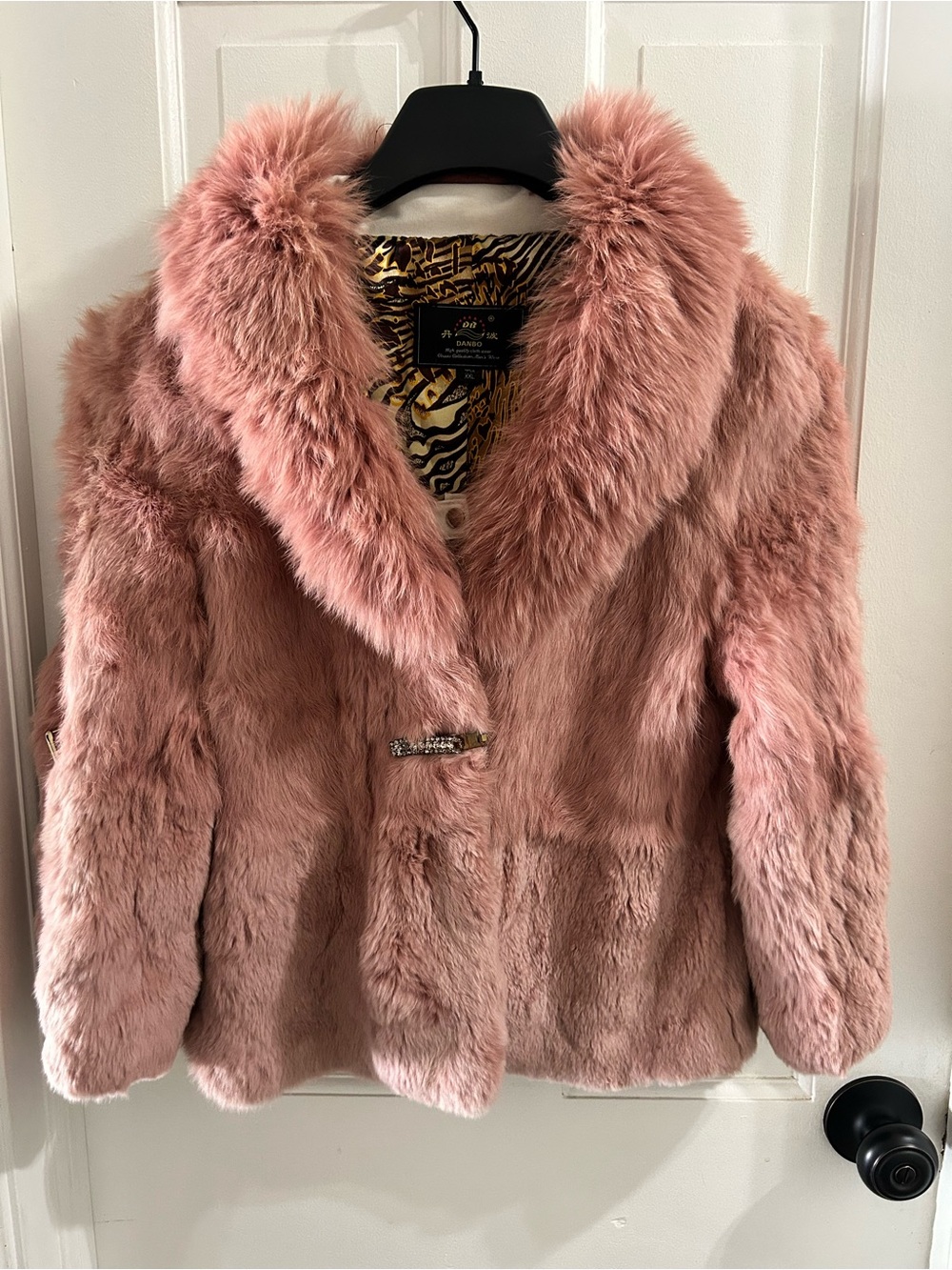 Pink Rabbit Fur Coat Genuine Fox Fur Collar 3/4 Sleeve